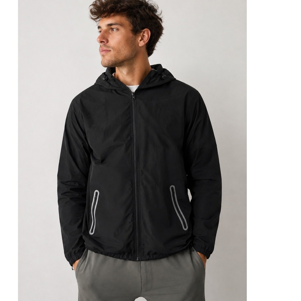 Old Navy Active Men Jacket S Black Hooded Reflective Windbreaker Lightweight Zip
